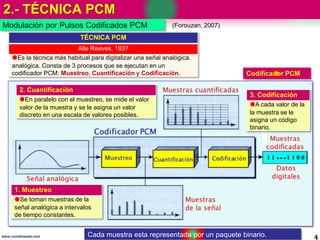 2.- TÉCNICA PCM
4www.coimbraweb.com
Modulación por Pulsos Codificados PCM
TÉCNICA PCM
Alle Reeves, 1937
Es la técnica más habitual para digitalizar una señal analógica.
analógica. Consta de 3 procesos que se ejecutan en un
codificador PCM: Muestreo, Cuantificación y Codificación.
1. Muestreo
Se toman muestras de la
señal analógica a intervalos
de tiempo constantes.
2. Cuantificación
En paralelo con el muestreo, se mide el valor
valor de la muestra y se le asigna un valor
discreto en una escala de valores posibles.
3. Codificación
A cada valor de la
la muestra se le
asigna un código
binario.
Codificador PCM
(Forouzan, 2007)
Cada muestra esta representada por un paquete binario.
 