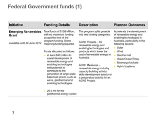 Federal Government funds (1)


Initiative                     Funding Details                 Description                      Planned Outcomes
Emerging Renewables Total funds of $126 Million,               The program splits projects      Accelerate the development
Grant               with no maximum funding                    into two funding categories:     of renewable energy and
                               accept the limit of the                                          enabling technologies in
                               program funding. Some           ACRE Projects – for              Australia, particularly in the
Available until 30 June 2012   matching funding required.                                       following sectors:
                                                               renewable energy and
                                                               enabling technologies and        ► Solar
                               Funds allocated as follows:     products which lower the         ► Wind
                               ► at least $40 million to       cost of renewable energy in      ► Geothermal
                                 assist development of         Australia.                       ► Wave/Ocean/Tiday
                                 renewable energy and                                           ► Bioenergy/biofuels
                                 enabling technologies         ACRE Measures –                  ► Hybrid systems
                                 with potential to             renewable energy industry
                                 contribute to the             capacity building activity,
                                 generation of large-scale     skills development activity or
                                 base load power, such as      a preparatory activity for an
                                 wave, geothermal and          ACRE Project.
                                 enabling technologies.

                               ►   26.6 mil for the
                                   geothermal energy sector.




  7
 