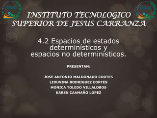 INSTITUTO TECNOLOGICO
SUPERIOR DE JESUS CARRANZA
4.2 Espacios de estados
determinísticos y
espacios no determinísticos.
PRESENTAN:
JOSE ANTONIO MALDONADO CORTES
LIDUVINA RODRIGUEZ CORTES
MONICA TOLEDO VILLALOBOS
KAREN CAAMAÑO LOPEZ
 