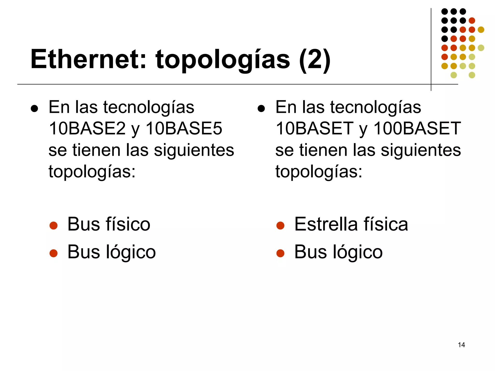 Ethernet: topologías (2)
 En las tecnologías         En las tecnologías
 10BASE2 y 10BASE5          10BASET y 100BASET
 se tienen las siguientes   se tienen las siguientes
 topologías:                topologías:

   Bus físico                 Estrella física
   Bus lógico                 Bus lógico



                                                   14
 