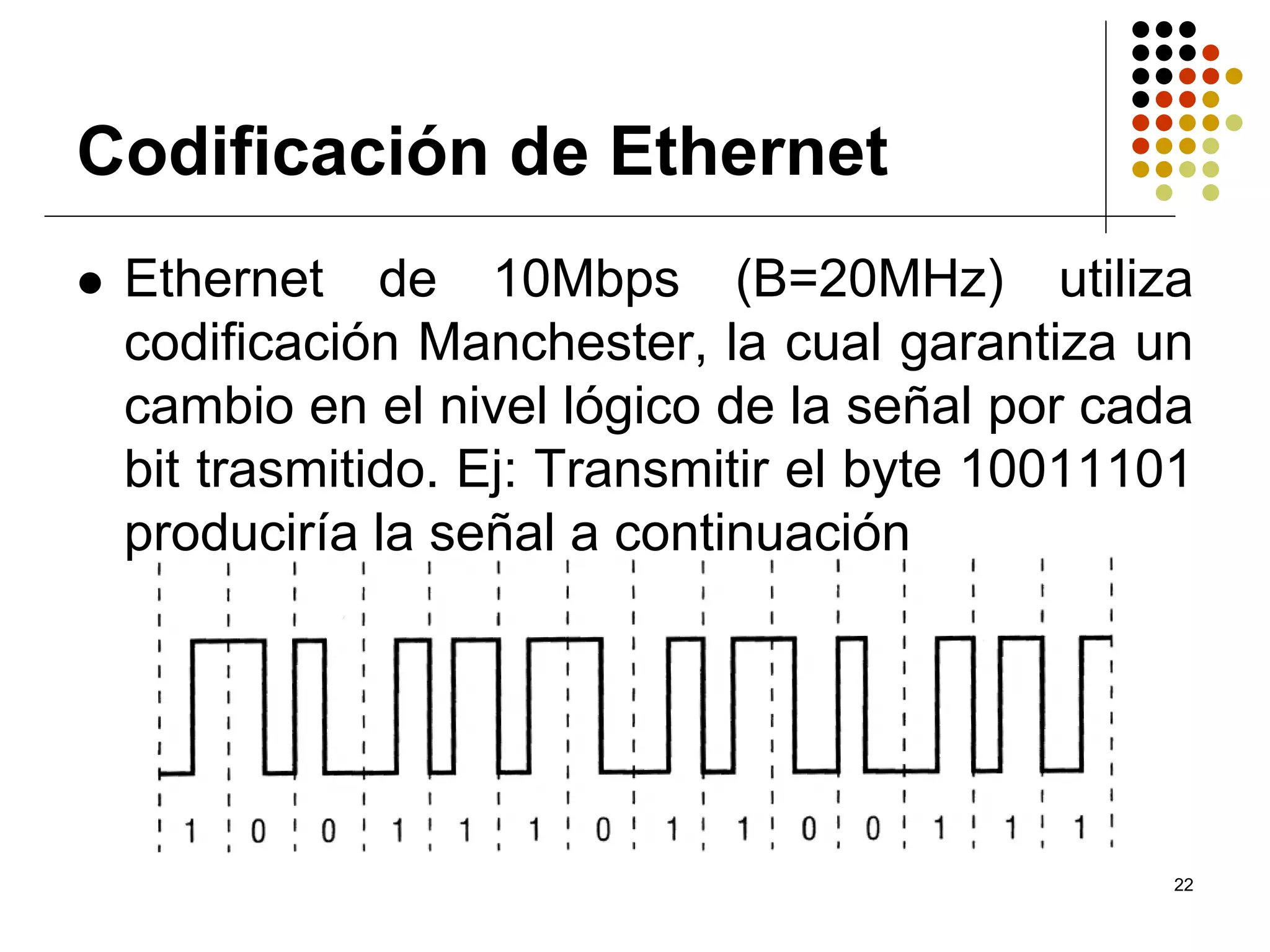 Codificación de Ethernet
 Ethernet de 10Mbps (B=20MHz) utiliza
 codificación Manchester, la cual garantiza un
 cambio en el nivel lógico de la señal por cada
 bit trasmitido. Ej: Transmitir el byte 10011101
 produciría la señal a continuación




                                               22
 