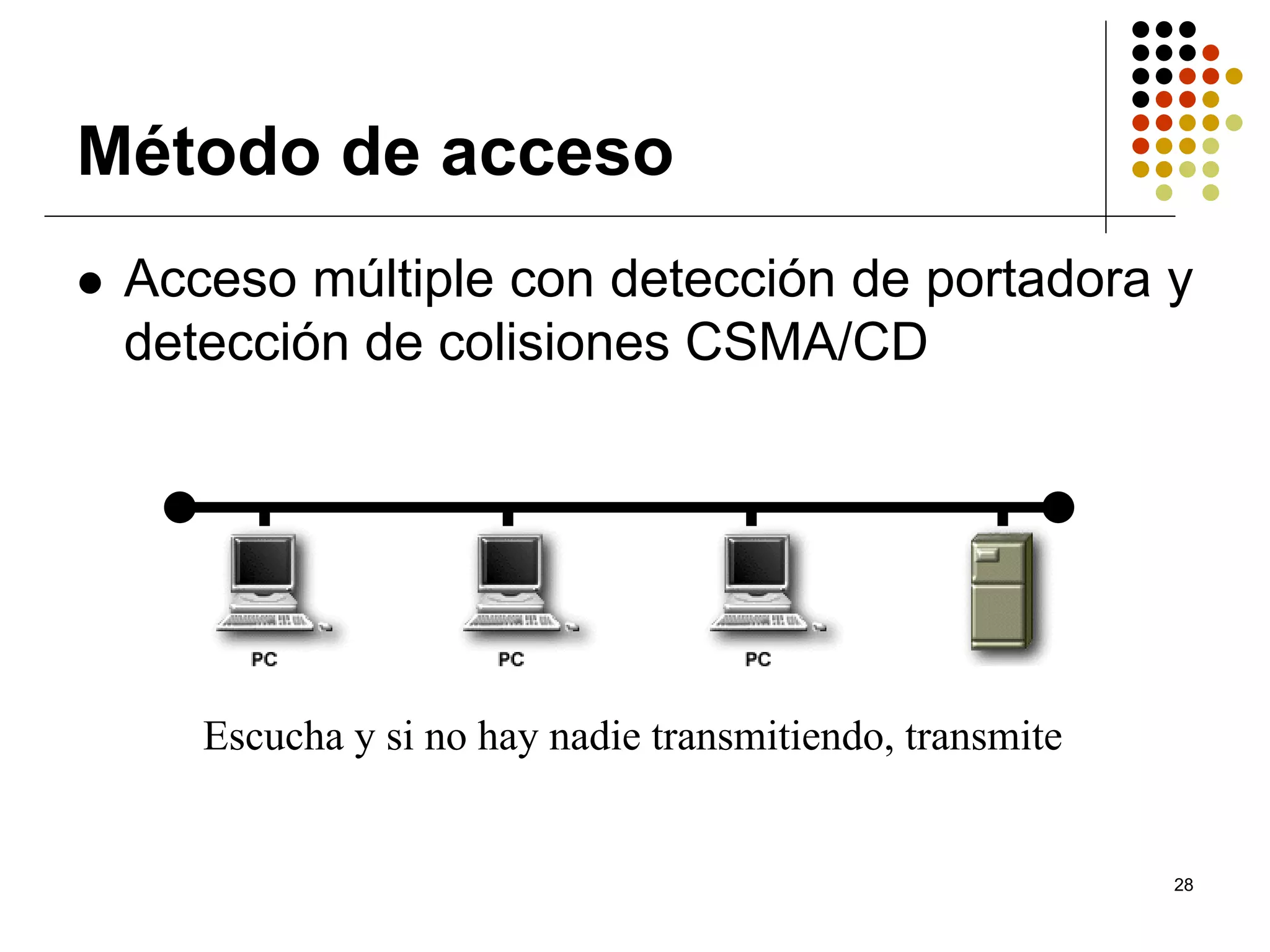 Método de acceso
 Acceso múltiple con detección de portadora y
 detección de colisiones CSMA/CD




    Escucha y si no hay nadie transmitiendo, transmite


                                                         28
 