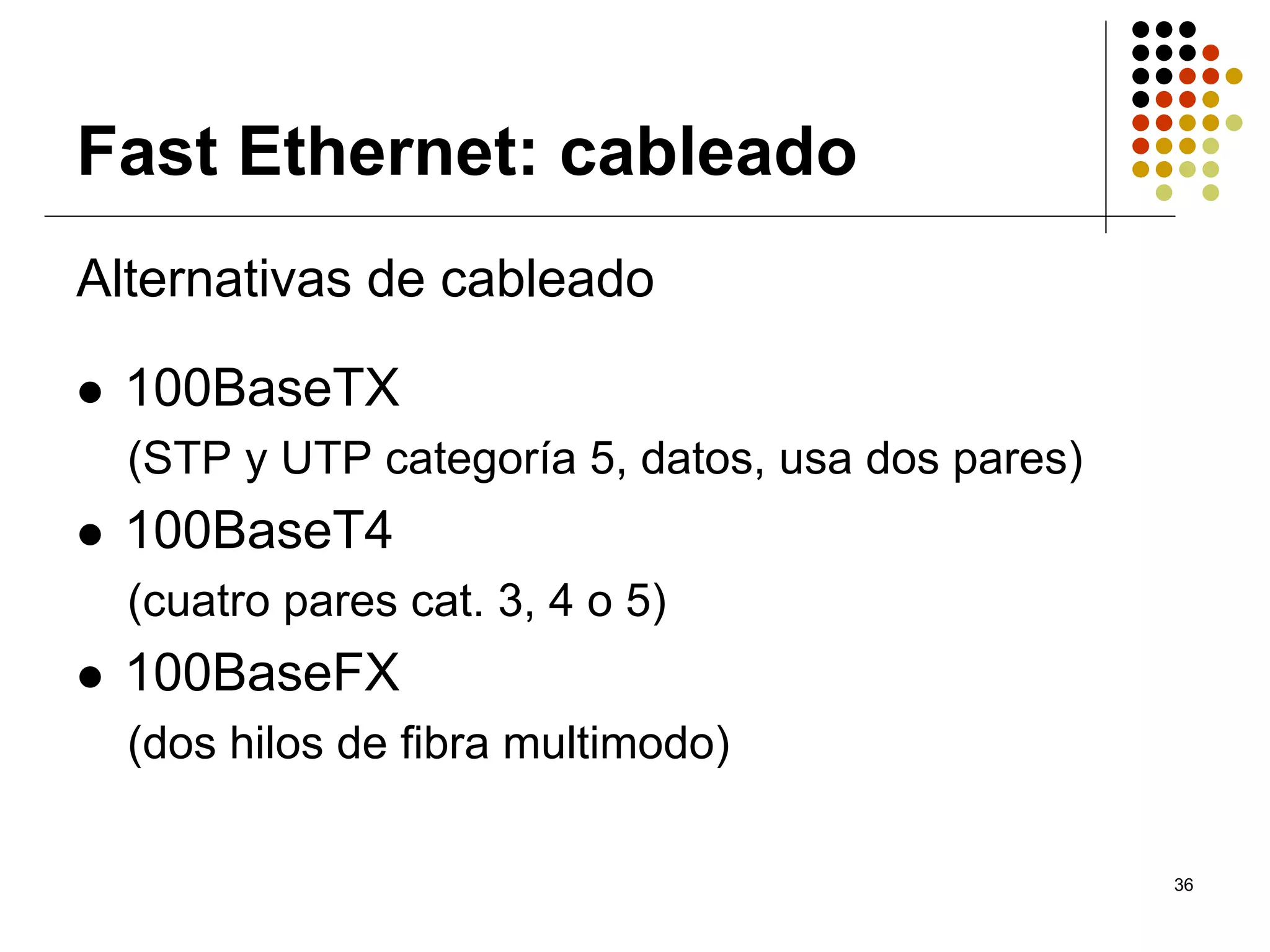Fast Ethernet: cableado
Alternativas de cableado

 100BaseTX
  (STP y UTP categoría 5, datos, usa dos pares)
 100BaseT4
  (cuatro pares cat. 3, 4 o 5)
 100BaseFX
  (dos hilos de fibra multimodo)

                                                  36
 