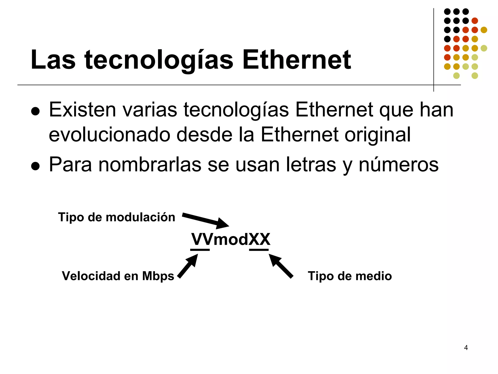 Las tecnologías Ethernet
 Existen varias tecnologías Ethernet que han
 evolucionado desde la Ethernet original
 Para nombrarlas se usan letras y números

  Tipo de modulación
                       VVmodXX

  Velocidad en Mbps              Tipo de medio




                                                 4
 
