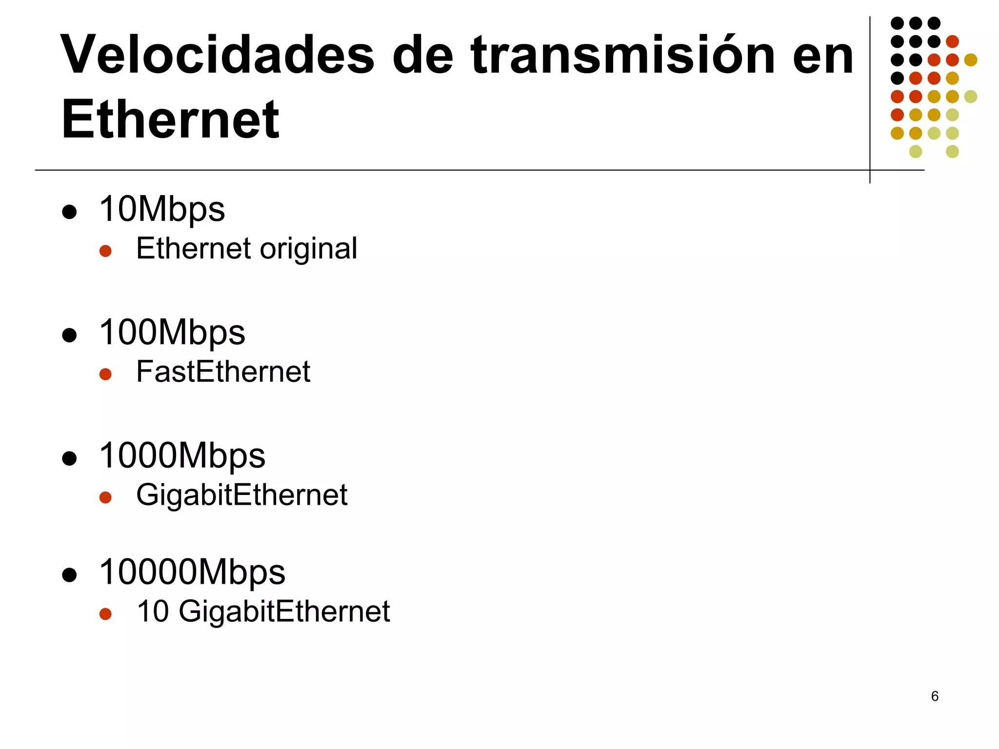 Velocidades de transmisión en
Ethernet
 10Mbps
  Ethernet original

 100Mbps
  FastEthernet

 1000Mbps
  GigabitEthernet

 10000Mbps
  10 GigabitEthernet

                                6
 