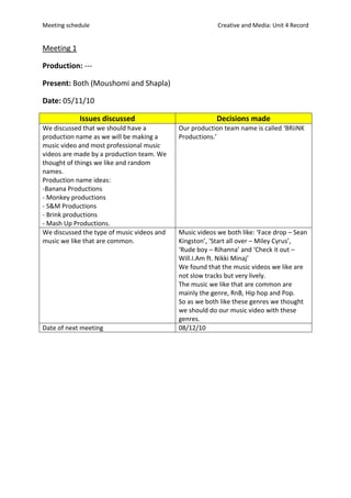 Meeting 1<br />Production: ---<br />Present: Both (Moushomi and Shapla)<br />Date: 05/11/10<br />Issues discussedDecisions made We discussed that we should have a production name as we will be making a music video and most professional music videos are made by a production team. We thought of things we like and random names.Production name ideas:-Banana Productions- Monkey productions- S&M Productions- Brink productions- Mash Up Productions. Our production team name is called ‘BRiiNK Productions.’We discussed the type of music videos and music we like that are common.Music videos we both like: ‘Face drop – Sean Kingston’, ‘Start all over – Miley Cyrus’, ‘Rude boy – Rihanna’ and ‘Check it out – Will.I.Am ft. Nikki Minaj’We found that the music videos we like are not slow tracks but very lively.The music we like that are common are mainly the genre, RnB, Hip hop and Pop. So as we both like these genres we thought we should do our music video with these genres.Date of next meeting08/12/10<br />Meeting 2<br />Production: BRiiNK Productions.<br />Present: Both<br />Date: 08/11/10 <br />Issues discussedDecisions made We discussed initial ideas and thought of ways we could combine our ideas. We both want to be seen our music video that we will be making for this unit and we also thought about adding animations as well. We both are responsible for speaking to our teacher about the idea of having a professional animator in to teach us.We conversed about having music video targeted to a certain audience.Our target audience is children 8 years above to adults 30 years who love to party.Target audience demographics:AGE - Any age group between 8 years old – 30 years old.INTERESTS - Partying or dancing or just having fun.LOCATION - AnywhereHOW THEY GET ACCESS TO MUSIC VIDEOS - Internet e.g. youtube.comFAVORITE GENRES - R and B, Rock, Hip hop, Pop.DRESS STYLE – clothes that are easy to dance with.Date of next meeting05/12/10<br />Meeting 3<br />Production: BRiiNK Productions.<br />Present: Both<br />Date: 05/12/10<br />,[object Object],Meeting 4<br />Production: BRiiNK Productions.<br />Present: Both<br />Date: 05/01/11<br />Issues discussedDecisions made We analysed our survey results and from that we chose the song and genre.Song: Holiday – Madonna (1980s) Genre: Hip-hop, DanceStoryboardMoushomi is responsible for designing the story board for our music video for the first part of the song.Shapla is responsible for designing the storyboard for the music video for the last part of the music video.This should be done by our next meeting (20/01/11)Date of next meeting20/01/11<br />Meeting 5<br />Production: BRiiNK Productions.<br />Present: Both<br />Date: 20/01/11<br />Issues discussedDecisions made Hiring volunteer actors Shapla is responsible for emailing all students, friends, family and relatives if they want to volunteer to star in our music video.Moushomi is responsible for handing out and collecting permission slips for volunteer actors that are under the age of 16 years old.Venues of filmingWe both have to search for suitable places to do our filming which is similar to our storyboard location. Date of next meeting10/02/11<br />Meeting 6<br />Production: BRiiNK Productions.<br />Present: Both<br />Date: 10/02/11<br />Issues discussedDecisions made Booking the video/movie cameraMoushomi is responsible for booking the camera for 15/04/11 from 3:20pm and be returned the camera next day to T-Block T14. Then booking the camera again 25/04/11 from 3:20pm and be returning the camera the next day to T-Block T14. This should be done before our next meeting (27/04/11).Call sheet for all the individuals participating in our music video.Shapla is responsible for making the call sheet for each individual that will be participating in the video. Include who? What? When? Why? and Where?Date of next meeting27/04/11<br />Meeting 6<br />Production: BRiiNK Productions.<br />Present: Both<br />Date: 27/04/11<br />Issues discussedDecisions made EditingFrom today and every other Wednesday lunchtime till the deadline, meet up near T-Block and attend T14 lunchtime clubs to finish off editing. <br /> <br />