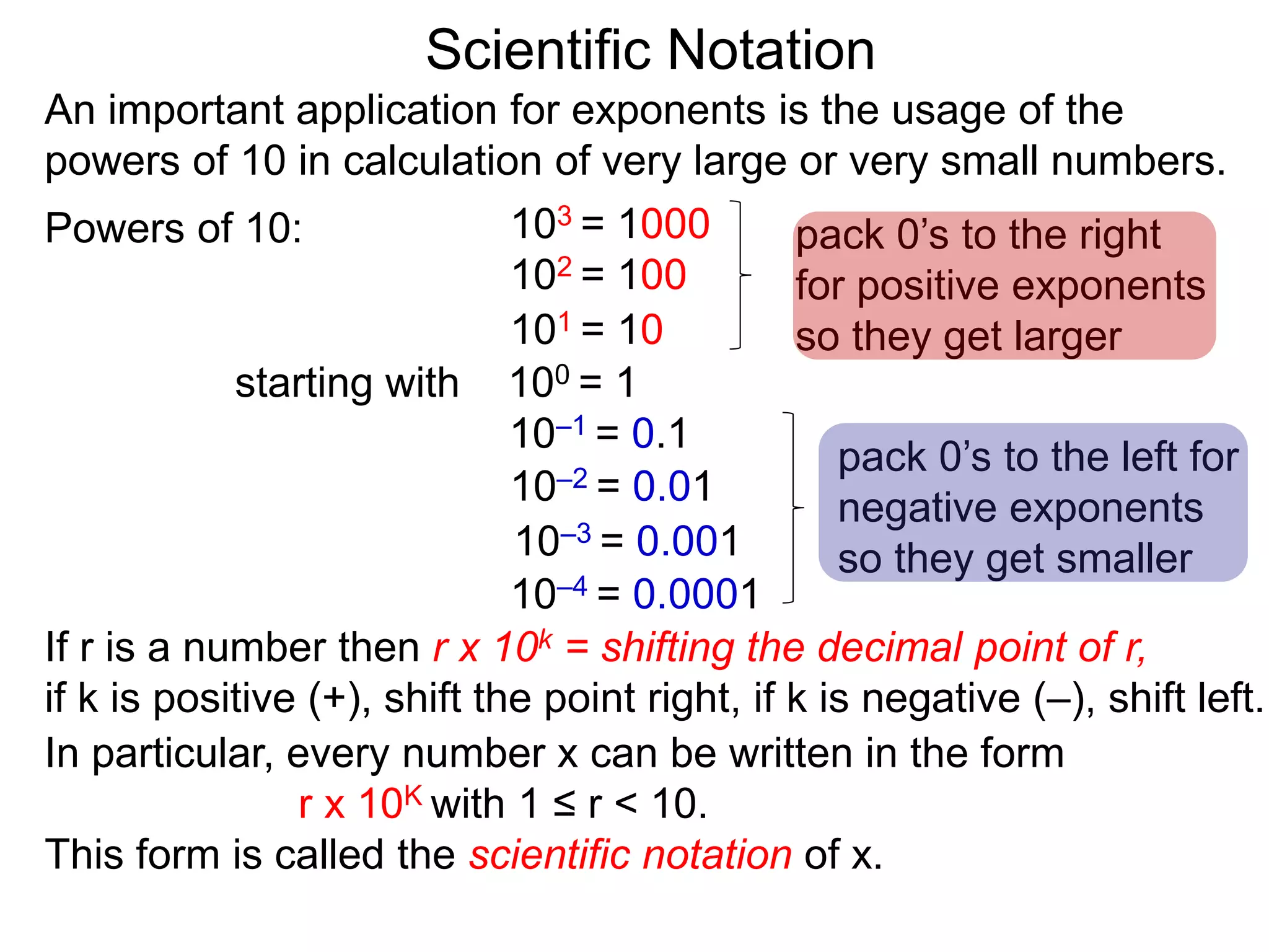 100 = 1
101 = 10
102 = 100
103 = 1000
10–1 = 0.1
10–2 = 0.01
10–3 = 0.001
10–4 = 0.0001
Scientific Notation
An important application for exponents is the usage of the
powers of 10 in calculation of very large or very small numbers.
Powers of 10:
starting with
pack 0’s to the right
for positive exponents
so they get larger
pack 0’s to the left for
negative exponents
so they get smaller
If r is a number then r x 10k = shifting the decimal point of r,
if k is positive (+), shift the point right, if k is negative (–), shift left.
In particular, every number x can be written in the form
r x 10K with 1 ≤ r < 10.
This form is called the scientific notation of x.
 