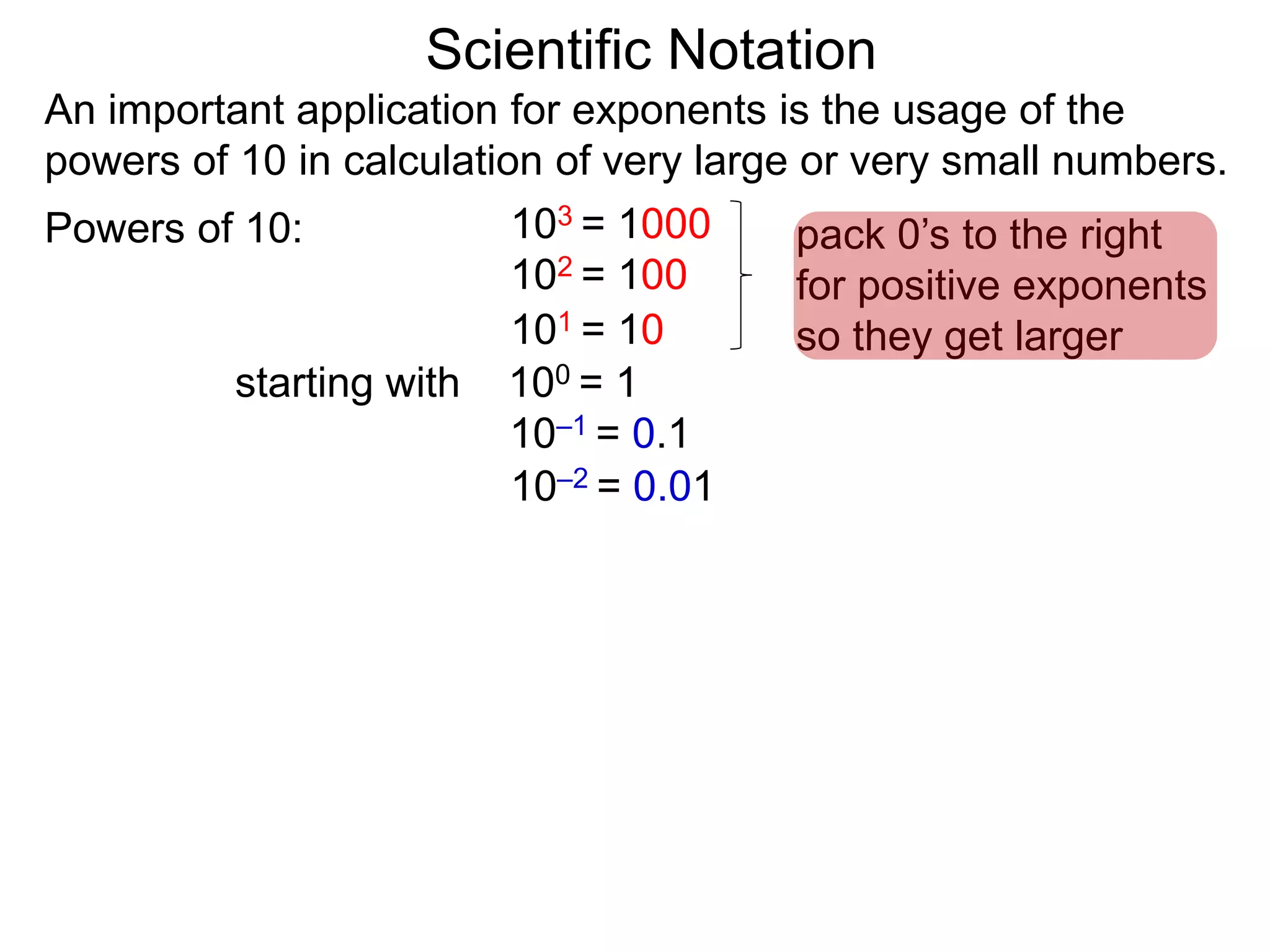 100 = 1
101 = 10
102 = 100
103 = 1000
10–1 = 0.1
10–2 = 0.01
Scientific Notation
An important application for exponents is the usage of the
powers of 10 in calculation of very large or very small numbers.
Powers of 10:
starting with
pack 0’s to the right
for positive exponents
so they get larger
 