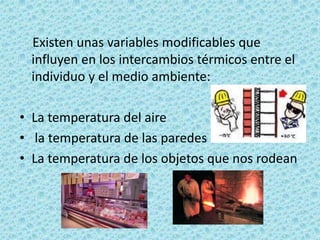     Existen unas variables modificables que influyen en los intercambios térmicos entre el individuo y el medio ambiente:La temperatura del aire  la temperatura de las paredes La temperatura de los objetos que nos rodean