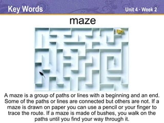 Key Words                                        Unit 4 Week 2
                                                        ●




                           maze




A maze is a group of paths or lines with a beginning and an end.
Some of the paths or lines are connected but others are not. If a
 maze is drawn on paper you can use a pencil or your finger to
 trace the route. If a maze is made of bushes, you walk on the
             paths until you find your way through it.
 