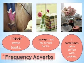 I never   I always read        I
      wear      my school     sometimes
                  books.         drink
     boots.
                                coffee
                                 with
*                              cookies.
 