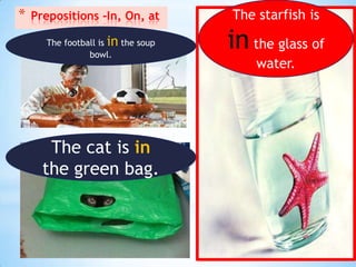*   Prepositions -In, On, at        The starfish is
      The football is in the soup
                bowl.
                                    in the glass of
                                        water.




       The cat is in
      the green bag.
 