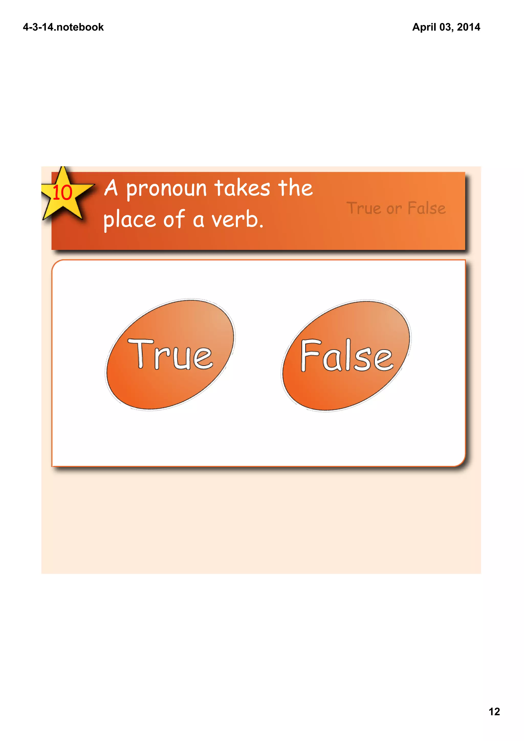 4­3­14.notebook
12
April 03, 2014
True  
False  
A pronoun takes the
place of a verb.
10
True or False
 