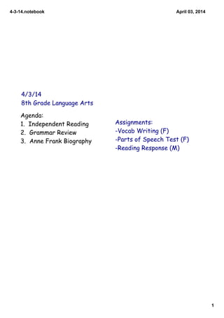 4­3­14.notebook
1
April 03, 2014
4/3/14
8th Grade Language Arts
Agenda:
1. Independent Reading
2. Grammar Review
3. Anne Frank Biography
Assignments:
-Vocab Writing (F)
-Parts of Speech Test (F)
-Reading Response (M)
 