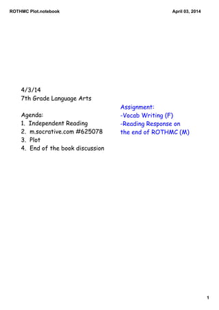ROTHMC Plot.notebook
1
April 03, 2014
4/3/14
7th Grade Language Arts
Agenda:
1. Independent Reading
2. m.socrative.com #625078
3. Plot
4. End of the book discussion
Assignment:
-Vocab Writing (F)
-Reading Response on
the end of ROTHMC (M)
 