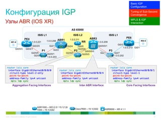 Basic IGP
                                                                                                                                                          Configuration
                                                                                                                                                          Tuning of Sub-Second
                                                                                                                                                          Convergence
                                                                                                                                                          MPLS & IGP
Узлы ABR (IOS XR)                                                                                                                                         Interaction

                                                                                           AS 65000

                                                           ISIS L1                             ISIS L2                              ISIS L1
                                                                                                              ABR3                                    PE6
                                 PE4                                                      1.0.0.211
                                               1.0.0.221            1.0.0.206 ABR1                     RR               1.0.0.209
                                                                                                                                                                      402-2
         401-4
                                ASR1k                                                                                                       Gi0/3      7200
                                           Gi0/2/0                     Gi2/1           Gi2/4     Gi0/0                  Gi0/0/0/1
                                                                                                                                                    1.0.0.213 Gi0/1
                Gi0/0/3             Gi0/2/1                               Gi2/2                  Gi2/0/4
                                                               P1                             P2        Gi0/0/0/0                   P3
                                              Gi2/0/5                Gi2/0/1          Gi2/0/0                             Gi2/1          Gi2/7
                                                                                                     Gi2/0/3
                                                Gi2/0/5                                                                                  1.0.0.202
                                                                     1.0.0.203



  router isis core	                                                                                                                  router isis core	
   interface GigabitEthernet0/0/0/0	                                              router isis core	                                   interface GigabitEthernet0/0/0/1	
    circuit-type level-2-only	                                                     interface GigabitEthernet0/0/0/4	                   circuit-type level-1	
    point-to-point	                                                                 point-to-point	                                    point-to-point	
    address-family ipv4 unicast	                                                    address-family ipv4 unicast	                       address-family ipv4 unicast	
     mpls ldp sync	                                                                  mpls ldp sync	                                     mpls ldp sync	
           Aggregation Facing Interfaces                                                              Inter ABR Interface                             Core Facing Interfaces




                                                           ASR1000 – XE3.2.0 / 15.1(1)S
                                                           7200 – 15.1(3)S2                     Cisco7600 – 15.1(3)S2         ASR9000 – XR 4.1.1


© 2011 Cisco and/or its affiliates. All rights reserved.                                                                                                                      32
 