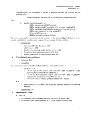 Proposed Spectrum Rules ‐ Annexes 
November 4, 2013 
consumer prices) and for changes in the rate of exchange between the US dollar and the 
Myanmar Kyat. 
4 
Uplink and downlink spectrum shall be calculated separately and summed. 
PLUS 
ii. Satellite Radio Apparatus fee of: 
‐ $75 for each commercial VSAT terminal 
‐ $50 for each private VSAT terminal or other terminals, including SNG 
‐ $50 for each SNG or Mobile Satellite Service (e.g., Inmarsat) terminal 
‐ $50 for each receive‐only terminal (except DTH) 
‐ $0 for each DTH terminal 
‐ $250 for each transmitting Earth station 
There is no annual fee for international satellite operators as that fee is paid by the End User’s service 
provider based on their actual spectrum usage and Network and/or End Users facilities. 
c. Renewal Fee 
 International Satellite Operators: $500 
 VSAT network: $250 
 Satellite news gathering, Mobile Satellite Service: $125 
 Transmitting Earth station (other than VSAT): $250 
 Satellite broadcasting (DTH)/one‐way services: $125 
V. Private Network Spectrum Licenses 
a. Initial Fee: $100 
b. Annual Fee: 
The Annual Fee associated with a Private Network License consists of two parts: 
 Spectrum Fee of 
o $25 for single‐channel systems with bandwidth ≤ 12.5 kHz; $50 for single‐channel 
systems with bandwidth ≥ 12.5 kHz; or 
o $50 for two‐channel/repeater systems with bandwidth ≤ 12.5 kHz; $100 for 
single‐channel systems with bandwidth ≥ 12.5 kHz. 
o Nationwide licenses will be subject to an additional fee of $250. 
PLUS 
 Apparatus fee of: $50 per base station; $25 per repeater; and $5 per vehicle/hand‐held 
unit 
c. Renewal Fee: $50 
VI. Fixed Spectrum Licenses 
a. Initial Fee 
 For nationwide fixed (microwave) spectrum, the Initial Fee will be: [TBD] 
 For individual links, the Initial Fee will be: $250 per frequency (simplex link) 
 