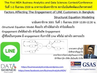 Factors Affecting The Engagement of LINE Customers in Bangkok:
Structural Equation Modeling
The First NIDA Business Analytics and Data Sciences Contest/Conference
วันที่ 1-2 กันยายน 2559 ณ อาคารนวมินทราธิราช สถาบันบัณฑิตพัฒนบริหารศาสตร์
https://businessanalyticsnida.wordpress.com
https://www.facebook.com/BusinessAnalyticsNIDA/
-Structural Equation Model คืออะไร สร้างได้อย่างไร ทาไปเพื่ออะไร
-Engagement เกิดได้อย่างไร ทาไมจึงเกิด Engagement
-ผู้ใช้ไลน์ในกรุงเทพ มี engagement กับการใช้ Line หรือไม่ อย่างไร เพราะอะไร
นายวงศกร ยุกิจภูติ
นักศึกษาปริญญาโท
สาขาวิชาการวิเคราะห์ธุรกิจและการวิจัย
นักวิจัยอาวุโส บริษัท เอ็มโอแค็ป จากัด
นวมินทราธิราช 3001 วันที่ 1 กันยายน 2559 12.00-12.30 น.
 