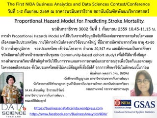 Proportional Hazard Model for Predicting Stroke Mortality
The First NIDA Business Analytics and Data Sciences Contest/Conference
วันที่ 1-2 กันยายน 2559 ณ อาคารนวมินทราธิราช สถาบันบัณฑิตพัฒนบริหารศาสตร์
https://businessanalyticsnida.wordpress.com
https://www.facebook.com/BusinessAnalyticsNIDA/
พิมพ์ชนก พุฒขาว วทม. (NIDA)
นักศึกษาปริญญาเอก สาขาวิชาประชากรกับการพัฒนา
นักวิชาการสถิติชานาญการ ศูนย์วิจัยสถาบันประสาทวิทยา สถาบันประสาทวิทยา
กรมการแพทย์ กระทรวงสาธารณสุขรศ.ดร.เดือนเพ็ญ ธีรวรรณวิวัฒน์
สาขาวิชาประชากรกับการพัฒนา
คณะสถิติประยุกต์
การนา Proportional Hazards Model มาใช้ในวิเคราะห์ข้อมูลปัจจัยที่มีผลต่อภาวะการตายด้วยโรคหลอด
เลือดสมองในประเทศไทย ภายใต้การดาเนินโครงการวิจัยขนาดใหญ่ ที่มีอาสาสมัครประชากรไทย อายุ 45-80
ปี จากทั่วทุกภูมิภาค ของประเทศไทย เข้าร่วมโครงการ จานวน 20,347 คน และมีลักษณะเป็นการศึกษา
ชนิดติดตามไปข้างหน้าระยะยาวในชุมชน (community-based cohort study) เพื่อให้ได้มาซึ่งข้อมูล
ทางด้านระบาดวิทยาที่สาคัญสาหรับใช้ในการวางแผนทางการแพทย์และสาธารณสุขเพื่อป้องกันและควบคุม
โรคหลอดเลือดสมอง ซึ่งในประเทศไทยยังไม่เคยมีข้อมูลที่เชื่อถือได้ จากการศึกษาวิจัยในลักษณะนี้มาก่อน
นวมินทราธิราช 3002 วันที่ 1 กันยายน 2559 10.45-11.15 น.
 