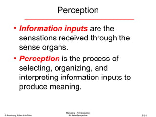 Information inputs  are the sensations received through the sense organs.   Perception  is the process of selecting, organizing, and interpreting information inputs to produce meaning. Perception 