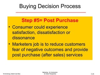 Step #5= Post Purchase Consumer could experience satisfaction, dissatisfaction or dissonance Marketers job is to reduce customers fear of negative outcomes and provide post purchase (after sales) services Buying Decision Process 