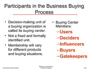 Participants in the Business Buying Process Decision-making unit of a buying organization is called its  buying center . Not a fixed and formally identified unit. Membership will vary for different products and buying situations. Buying Center Members: Users Deciders Influencers Buyers Gatekeepers 
