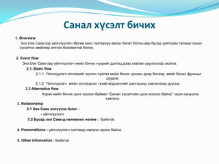 Санал хүсэлт бичих
1. Overview
   Энэ Use Case-ээр үйлчлүүлэгч Өргөө кино театерлуу авсан билет болон өөр бусад зүйлсийн талаар санал
   хүсэлтээ мейлээр илгээх боломжтой болно.

2. Event flow
    Энэ Use Case-ээр үйлчлүүлэгч мейл бичих нүүрийг дэлгэц дээр хэвлэж үзүүлснээр эхэлнэ.
       2.1. Basic flow
             2.1.1 Үйлчлүүлэгч илгээхийг хүссэн зүйлээ мейл бичих цонхон дээр бичээд мейл бичих функцыг
                                                     дуудна.
             2.1.2 Үйлчлүүлэгч мейл илгээгдсэн тухай мэдээллийг дэлгэцэнд хэвлэснээр дуусна.
      2.2 Alternative flow
                 Хэрэв мейл бичих цонх хоосон байвал “Санал хүсэлтийн цонх хоосон байна” гэсэн сануулга
                                                    хэвлэнэ.
 3. Relationship
       3.1 Use Case эхлүүлэх Actor :
                - үйлчлүүлэгч
        3.2 Бусад use Case-д нөлөөлөх нөлөө : Байхгүй.

 4. Preconditions : үйлчлүүлэгч системд нэвтрэн орсон байна.

 5. Other information : Байхгүй.
 