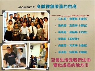 Moment 9:   身體裡無限量的供應

                 立仁哥、育菁姊（福音）

                 逸飛哥、宣霈姊（祭祖）

                 英碩哥、盈穎姊（交往）

                 榮鋒哥（基督徒）

                 尚維哥、其真姊（婚姻）

                 其道哥、佳嵐姊（婚姻）


               召會生活是我們生命
                變化成長的地方!!!
 