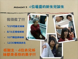 Moment 5:   4位屬靈的新生兒誕生


 我得救了!!!
 7/29范齡文姊妹

 8/16王憶瑄姊妹

 10/7陳宜婷姊妹

 12/30陳明清弟兄


感謝主，4位弟兄姊
妹都是長存的果子!!!
 