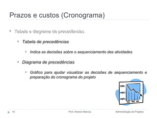 Prazos e custos (Cronograma) Administração de Projetos Prof. Antonio Marcos Tabela e diagrama de precedências Tabela de precedências Indica as decisões sobre o sequenciamento das atividades Diagrama de precedências Gráfico para ajudar visualizar as decisões de sequenciamento e preparação do cronograma do projeto 