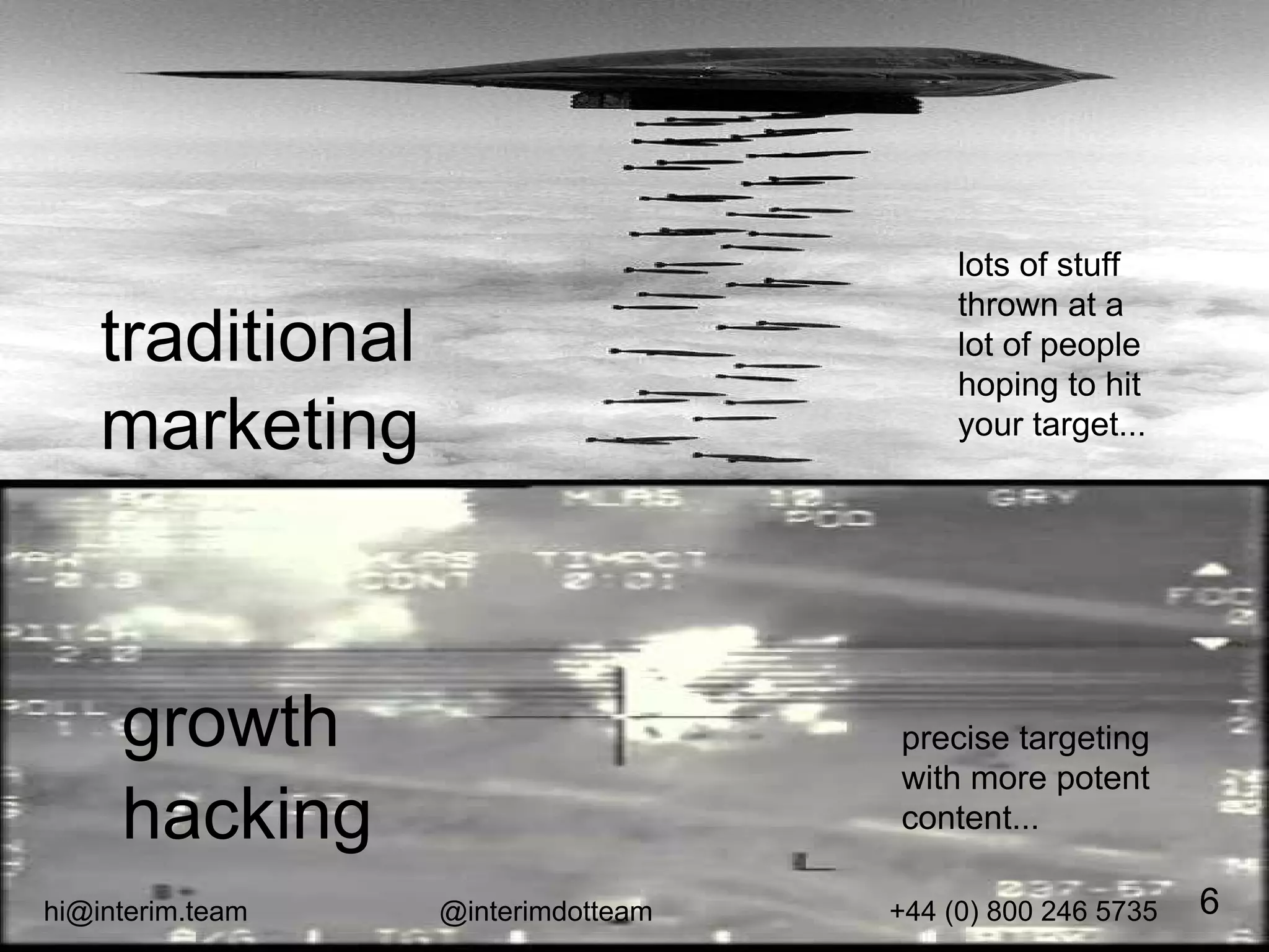 growth
hacking
lots of stuff
thrown at a
lot of people
hoping to hit
your target...
precise targeting
with more potent
content...
traditional
marketing
6hi@interim.team @interimdotteam +44 (0) 800 246 5735
 