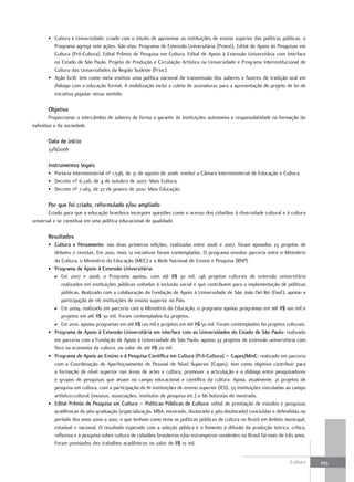 • Cultura e Universidade: criado com o intuito de aproximar as instituições de ensino superior das políticas públicas, o
         Programa agrega sete ações. São elas: Programa de Extensão Universitária (Proext), Edital de Apoio às Pesquisas em
         Cultura (Pró-Cultura), Edital Prêmio de Pesquisa em Cultura, Edital de Apoio à Extensão Universitária com Interface
         no Estado de São Paulo, Projeto de Produção e Circulação Artística na Universidade e Programa Interinstitucional de
         Cultura das Universidades da Região Sudeste (Princ).
       • Ação Griô: tem como meta instituir uma política nacional de transmissão dos saberes e fazeres de tradição oral em
         diálogo com a educação formal. A mobilização inclui a coleta de assinaturas para a apresentação de projeto de lei de
         iniciativa popular nesse sentido.

       Objetivo
        Proporcionar o intercâmbio de saberes de forma a garantir às instituições autonomia e responsabilidade na formação do
indivíduo e da sociedade.

       Data de início
       31/8/2006

       Instrumentos legais
       • Portaria Interministerial nº 1.536, de 31 de agosto de 2006: institui a Câmara Interministerial de Educação e Cultura.
       • Decreto nº 6.226, de 4 de outubro de 2007: Mais Cultura.
       • Decreto nº 7.083, de 27 de janeiro de 2010: Mais Educação.

       Por que foi criado, reformulado e/ou ampliado
       Criado para que a educação brasileira incorpore questões como o acesso dos cidadãos à diversidade cultural e à cultura
universal e se constitua em uma política educacional de qualidade.

       resultados
       • Cultura e Pensamento: nas duas primeiras edições, realizadas entre 2006 e 2007, foram apoiados 23 projetos de
         debates e revistas. Em 2010, mais 12 iniciativas foram contempladas. O programa envolve parceria entre o Ministério
         da Cultura, o Ministério da Educação (MEC) e a Rede Nacional de Ensino e Pesquisa (RNP).
       • Programa de apoio à Extensão universitária:
         D Em 2007 e 2008, o Programa apoiou, com até R$ 30 mil, 146 projetos culturais de extensão universitária
            realizados em instituições públicas voltadas à inclusão social e que contribuem para a implementação de políticas
            públicas. Realizado com a colaboração da Fundação de Apoio à Universidade de São João Del Rei (Fauf), apoiou a
            participação de 116 instituições de ensino superior no País.
         D Em 2009, realizado em parceria com o Ministério da Educação, o programa apoiou programas em até R$ 100 mil e
            projetos em até R$ 30 mil. Foram contemplados 62 projetos.
         D Em 2010, apoiou programas em até R$ 120 mil e projetos em até R$ 50 mil. Foram contemplados 60 projetos culturais.
       • Programa de apoio à Extensão universitária em Interface com as universidades do Estado de são Paulo: realizado
         em parceria com a Fundação de Apoio à Universidade de São Paulo, apoiou 32 projetos de extensão universitária com
         foco na economia da cultura, no valor de até R$ 20 mil.
       • Programa de apoio ao Ensino e à Pesquisa Científica em Cultura (Pró-Cultura) – Capes/MinC: realizado em parceria
         com a Coordenação de Aperfeiçoamento de Pessoal de Nível Superior (Capes), tem como objetivo contribuir para
         a formação de nível superior nas áreas de artes e cultura, promover a articulação e o diálogo entre pesquisadores
         e grupos de pesquisas que atuam no campo educacional e científico da cultura. Apoia, atualmente, 21 projetos de
         pesquisa em cultura, com a participação de 81 instituições de ensino superior (IES), 33 instituições vinculadas ao campo
         artístico-cultural (museus, associações, institutos de pesquisa etc.) e 66 bolsistas de mestrado.
       • Edital Prêmio de Pesquisa em Cultura – Políticas Públicas de Cultura: edital de premiação de estudos e pesquisas
         acadêmicas de pós-graduação (especialização, MBA, mestrado, doutorado e pós-doutorado) concluídas e defendidas no
         período dos anos 2000 a 2010, e que tenham como tema as políticas públicas de cultura no Brasil em âmbito municipal,
         estadual e nacional. O resultado esperado com a seleção pública é o fomento à difusão da produção teórica, crítica,
         reflexiva e à pesquisa sobre cultura de cidadãos brasileiros e/ou estrangeiros residentes no Brasil há mais de três anos.
         Foram premiados dez trabalhos acadêmicos no valor de R$ 10 mil.


                                                                                                                          Cultura    293
 