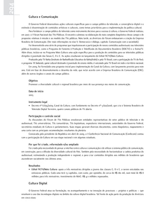294
             Cultura e Comunicação

              O Governo Federal desenvolveu ações culturais específicas para o campo público da televisão, a convergência digital e o
      estímulo à disseminação de conteúdos artísticos e culturais, como temas prioritários para a implementação da política cultural.
              Para fortalecer o campo público de televisão como instrumento decisivo para o acesso à cultura, o Governo Federal realizou,
      em 2007, o I Fórum Nacional das TVs Públicas. O encontro culminou na elaboração do mais completo diagnóstico desse campo e de
      propostas relativas à missão e ao modelo das TVs públicas. Mais tarde, as diretrizes do Fórum embasariam a criação da Empresa
      Brasileira de Comunicação. (Ver mais informações no eixo V. Democracia e diálogo, capítulo: Comunicação com a sociedade).
              Foi desenvolvida uma série de programas que impulsionaram a participação de novos conteúdos audiovisuais nas televisões
      públicas brasileiras, como o Programa de Fomento à Produção e Teledifusão do Documentário Brasileiro (DOCTV) e o AnimaTV.
      Além disso, incluiu-se no Programa Mais Cultura uma ação específica para a produção de conteúdos para as televisões públicas
      dirigidos à juventude das faixas C, D e E. As ações resultaram no lançamento do Edital FICTV/Mais Cultura.
              Produzido pela TV Bahia (Instituto de Radiodifusão Educativa da Bahia/Irdeb) e pela TV Brasil, com a participação da TV do Pará,
      o programa Tô Sabendo, game cultural destinado à juventude do ensino médio, é veiculado pela TV Brasil em todo o território nacional.
              Em 2009, foi formulada uma proposta inicial para implementação do Canal da Cultura, com lançamento previsto para este
      ano. Está em fase de desenvolvimento o desenho da rede, que inclui acordo com a Empresa Brasileira de Comunicação (EBC),
      além de outros órgãos e canais do campo público.

             Objetivo
             Promover a diversidade cultural e regional brasileira por meio de sua presença nos meios de comunicação.

             Data de início
             2003

             Instrumento legal
             • Decreto nº 6.835/2009, Canal da Cultura, com fundamento no Decreto nº 5.820/2006, que cria o Sistema Brasileiro de
               Televisão Digital Terrestre, quatro canais públicos de TV aberta.

             Participação e controle social
              As discussões do Fórum de TVs Públicas envolveram entidades representativas do setor público de televisão e do
      audiovisual, TVs universitárias, TVs comunitárias, TVs legislativas, expositores internacionais, autoridades do Governo Federal,
      secretários estaduais de Cultura e parlamentares. Suas etapas geraram diversos documentos, como diagnóstico, mapeamento e
      uma carta com as principais recomendações resultantes da plenária.
              Convocada pelo presidente da República em abril de 2009, a I Conferência Nacional de Comunicação (Confecom) contou
      com a participação da Cultura em sua etapa nacional e em algumas estaduais.

             Por que foi criado, reformulado e/ou ampliado
             Foi criado pela necessidade de pensar a interface entre cultura e comunicação e de utilizar o sistema público de comunicação,
      em construção, para a difusão da diversidade cultural do País. Também pela necessidade de horizontalizar a cadeia produtiva do
      audiovisual, estimulando a produção independente e regional, e para criar conteúdos dirigidos aos milhões de brasileiros que
      ascenderam socialmente nos últimos anos.

             resultados
             • Edital FICtv/Mais Cultura: apoio a três minisséries dirigidas a jovens das classes C, D e E, a serem veiculadas nas
               emissoras públicas. Cada uma terá 13 capítulos, com custo, por episódio, de cerca de R$ 180 mil, num total de R$ 8
               milhões para três minisséries. Investimento do MinC: R$ 4,11 milhões repassados.

             Cultura Digital

             O Governo Federal atua na formulação, no acompanhamento e na inovação de processos – projetos e políticas – que
      envolvem o uso das tecnologias digitais no âmbito da cultura digital brasileira. Tal frente de ação parte da produção de diretrizes
      em cinco eixos:
 
