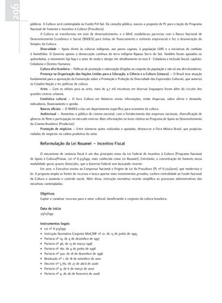 296
      públicas. A Cultura será contemplada no Fundo Pré-Sal. Da consulta pública, nasceu a proposta de PL para criação do Programa
      Nacional de Fomento e Incentivo à Cultura (Procultura).
             A Cultura se transformou em eixo de desenvolvimento, e o MinC estabeleceu parcerias com o Banco Nacional de
      Desenvolvimento Econômico e Social (BNDES) para linhas de financiamento e estímulo empresarial e fez a desoneração do
      Simples da Cultura.
             Diversidade – Apoio direto às culturas indígenas, aos povos ciganos, à população LGBT e a iniciativas de combate
      à homofobia. O Governo apoiou a demarcação contínua da terra indígena Raposa Serra do Sol. Também foram apoiados os
      quilombolas, o movimento hip hop e o setor de moda e design. Ver detalhamento no eixo II - Cidadania e Inclusão Social, capítulo:
      Cidadania e Direitos Humanos.
             Cultura afro-brasileira – Políticas de promoção e valorização dirigidas ao conjunto da população e não só aos afro-brasileiros.
             Presença na Organização das Nações unidas para a Educação, a Ciência e a Cultura (unesco) – O Brasil teve atuação
      fundamental para a aprovação da Convenção sobre a Promoção e Proteção da Diversidade das Expressões Culturais, que autoriza
      os Estados-Nação a ter políticas de cultura.
             artes – Com os editais para as artes, mais de 4,7 mil iniciativas em diversas linguagens foram além do circuito dos
      grandes centros urbanos.
             Estatística cultural – O livro Cultura em Números reuniu informações, então dispersas, sobre oferta e demanda,
      indicadores, financiamento e gestão.
             Bancos oficiais – O BNDES criou um departamento específico para economia da cultura.
             audiovisual – Aumentou o público de cinema nacional, com o fortalecimento das empresas nacionais, diversificação de
      gêneros de filme e participação no mercado externo. Mais informações no texto relativo ao Programa de Apoio ao Desenvolvimento
      do Cinema Brasileiro (Prodecine).
             Promoção de negócios – Entre inúmeras ações realizadas e apoiadas, destaca-se a Feira Música Brasil, que propiciou
      rodadas de negócios na cadeia produtiva do setor.

             reformulação da lei rouanet – Incentivo Fiscal

               O mecanismo de renúncia fiscal é um dos principais eixos da Lei Federal de Incentivo à Cultura (Programa Nacional
      de Apoio à Cultura/Pronac, Lei nº 8.313/1991, mais conhecida como Lei Rouanet). Entretanto, a concentração do fomento nessa
      modalidade gerou graves distorções, que o Governo Federal vem buscando reverter.
               Em 2010, o Executivo enviou ao Congresso Nacional o Projeto de Lei do Procultura (PL nº 6.722/2010), que moderniza a
      lei. A proposta amplia as fontes de recursos e busca aportar mais investimentos privados, confere centralidade ao Fundo Nacional
      da Cultura e aumenta o controle social. Além disso, instrução normativa recente simplifica os processos administrativos das
      iniciativas contempladas.

             Objetivos
             Captar e canalizar recursos para o setor cultural, beneficiando o conjunto da cultura brasileira.

             Data de início
             23/12/1991

             Instrumentos legais
             •   Lei nº 8.313/1991
             •   Instrução Normativa Conjunta MinC/MF nº 01, de 13 de junho de 1995
             •   Portaria nº 19, de 4 de dezembro de 1997
             •   Portaria nº 46, de 13 de março 1998
             •   Portaria nº 180, de 4 de junho de 1998
             •   Portaria nº 500, de 18 de dezembro de 1998
             •   Resolução nº 1, de 18 de setembro de 2001
             •   Decreto nº 5.761, de 27 de abril de 2006
             •   Portaria nº 9, de 6 de março de 2007
             •   Portaria nº 4, de 26 de fevereiro de 2008
 