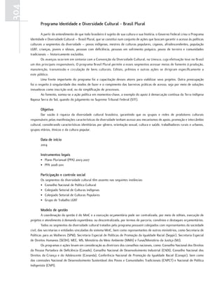 304
             Programa Identidade e Diversidade Cultural - Brasil Plural

              A partir do entendimento de que todo brasileiro é sujeito de sua cultura e sua história, o Governo Federal criou o Programa
      Identidade e Diversidade Cultural – Brasil Plural, que se constitui num conjunto de ações que buscam garantir o acesso às políticas
      culturais a segmentos da diversidade – povos indígenas, mestres de culturas populares, ciganos, afrodescendentes, população
      LGBT, crianças, jovens e idosos, pessoas com deficiência, pessoas em sofrimento psíquico, povos de terreiro e comunidades
      tradicionais – historicamente excluídos.
              Os avanços ocorrem em sintonia com a Convenção da Diversidade Cultural, na Unesco, cuja efetivação teve no Brasil
      um dos principais responsáveis. O programa Brasil Plural permite a esses segmentos acessar meios de fomento à produção,
      manutenção, transmissão e circulação de bens culturais. Editais, prêmios e outras ações se dirigiram especificamente a
      este público.
              Uma frente importante do programa foi a capacitação desses atores para viabilizar seus projetos. Outra preocupação
      foi o respeito à singularidade dos modos de fazer e o rompimento das barreiras práticas de acesso, seja por meio de soluções
      inovadoras como inscrição oral, ou da simplificação de processos.
              Ao fomento, somou-se a ação política em momentos-chave, a exemplo do apoio à demarcação contínua da Terra Indígena
      Raposa Serra do Sol, quando do julgamento no Supremo Tribunal Federal (STF).

             Objetivo
              Dar vazão à riqueza da diversidade cultural brasileira, garantindo que os grupos e redes de produtores culturais
      responsáveis pelas manifestações características da diversidade tenham acesso aos mecanismos de apoio, promoção e intercâmbio
      cultural, considerando características identitárias por gênero, orientação sexual, cultura e saúde, trabalhadores rurais e urbanos,
      grupos etários, étnicos e da cultura popular.

             Data de início
             2004

             Instrumentos legais
             • Plano Plurianual (PPA) 2003-2007
             • PPA 2008-2011

             Participação e controle social
             Os segmentos da diversidade cultural têm assento nas seguintes instâncias:
             • Conselho Nacional de Política Cultural
             • Colegiado Setorial de Culturas Indígenas
             • Colegiado Setorial de Culturas Populares
             • Grupo de Trabalho LGBT

             Modelo de gestão
               A coordenação da gestão é do MinC e a execução orçamentária pode ser centralizada, por meio de editais, execução de
      projetos e atendimento à demanda espontânea, ou descentralizada, por termos de parceria, convênios e destaques orçamentários.
               Todos os segmentos da diversidade cultural tratados pelo programa possuem colegiados com representantes da sociedade
      civil, das secretarias e entidades vinculadas do sistema MinC, bem como representantes de outros ministérios, como Secretaria de
      Políticas para as Mulheres (SPM), Secretaria Especial de Políticas de Promoção da Igualdade Racial (Seppir), Secretaria Especial
      de Direitos Humanos (SEDH), MEC, MS, Ministério do Meio Ambiente (MMA) e Funai/Ministério da Justiça (MJ).
               Os programas e ações levam em consideração as diretrizes dos conselhos nacionais, como: Conselho Nacional dos Direitos
      da Pessoa Portadora de Deficiência (Conade), Conselho Nacional de Desenvolvimento Industrial (CNDI), Conselho Nacional dos
      Direitos da Criança e do Adolescente (Conanda), Conferência Nacional de Promoção da Igualdade Racial (Conapir), bem como
      das comissões Nacional de Desenvolvimento Sustentável dos Povos e Comunidades Tradicionais (CNPCT) e Nacional de Política
      Indigenista (CNPI).
 