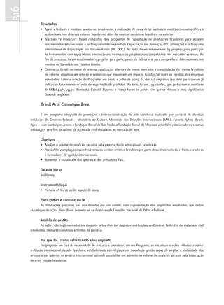 316
             resultados
             • Apoio a festivais e mostras: apoiou-se, anualmente, a realização de cerca de 50 festivais e mostras cinematográficas e
               audiovisuais nos diversos estados brasileiros, além de mostras de cinema brasileiro no exterior.
             • Brazilian TV Producers: foram realizados dois programas de capacitação de produtores brasileiros para atuarem
               nos mercados internacionais – o Programa Internacional de Capacitação em Animação (PIC Animação) e o Programa
               Internacional de Capacitação em Documentários (PIC DOC). Ao todo, foram selecionados 64 projetos para participar
               de treinamentos com especialistas internacionais, tornando os projetos mais competitivos nos mercados externos. Ao
               fim do processo, foram selecionados 11 projetos para participarem de defesa oral para compradores internacionais, em
               eventos no Canadá e nos Estados Unidos.
             • Cinema do Brasil: as metas de internacionalização, abertura de novos mercados e consolidação do cinema brasileiro
               no exterior dinamizaram vetores econômicos que trouxeram um impacto substancial sobre as receitas das empresas
               associadas. Entre a criação do Programa, em 2006, e julho de 2009, 73 das 147 empresas que dele participaram já
               indicavam faturamento oriundo da exportação de produtos. Ao todo, foram 239 vendas, que perfizeram o montante
               de US$ 64.485.535,00. Alemanha, Canadá, Espanha e França foram os países com que se efetuou o mais significativo
               fluxo de negócios.

             Brasil arte Contemporânea

               É um programa integrado de promoção à internacionalização da arte brasileira, realizado por parceria de diversas
      instâncias do Governo Federal – Ministério da Cultura, Ministério das Relações Internacionais (MRE), Funarte, Iphan, Ibram,
      Apex – com instituições, como a Fundação Bienal de São Paulo, a Fundação Bienal do Mercosul e também colecionadores e outras
      instituições sem fins lucrativos da sociedade civil vinculadas ao mercado de arte.

             Objetivos
             • Ampliar o volume de negócios gerados pela exportação de artes visuais brasileiras.
             • Possibilitar a ampliação do conhecimento do cenário artístico brasileiro por parte dos colecionadores, críticos, curadores
               e formadores de opinião internacionais.
             • Aumentar a visibilidade das galerias e dos artistas do País.

             Data de início
             20/8/2009

             Instrumento legal
             • Portaria nº 61, de 20 de agosto de 2009

             Participação e controle social
              As instituições parceiras são coordenadas por um comitê, com representação dos segmentos envolvidos, que define
      estratégias de ação. Além disso, submete-se às diretrizes do Conselho Nacional de Política Cultural.

             Modelo de gestão
             As ações são implementadas em conjunto pelos diversos órgãos e instituições do Governo Federal e da sociedade civil
      envolvidos, mediante convênios e termos de parceria.

             Por que foi criado, reformulado e/ou ampliado
              Foi proposto em face da necessidade de articular e coordenar, em um Programa, as iniciativas e ações voltadas a apoiar
      a difusão internacional da arte brasileira, estabelecendo estratégias e um modelo de gestão capaz de ampliar a visibilidade dos
      artistas e das galerias no cenário internacional, além de possibilitar um aumento no volume de negócios gerados pela exportação
      de artes visuais brasileiras.
 