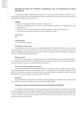 330
             Efetivação do Plano de Previdência Complementar para os Profissionais da Cultura
             (CulturaPrev)

             É um plano de previdência complementar exclusivo para os profissionais da cultura associados a entidades de classe,
      administrado pela Fundação Petrobras de Seguridade Social (Petros), que já conta com a adesão de diversas entidades associativas
      representativas de setores artístico-culturais do País.

             Objetivos
             • Fortalecer a formalização das relações de trabalho no campo cultural.
             • Conscientizar os trabalhadores da cultura sobre a necessidade de garantir segurança com a complementação de renda
               na aposentadoria.
             • Articular alternativas de regime de previdência complementar fechada e a adesão a planos associativos.
             • Formar poupança previdenciária de longo prazo para os trabalhadores da cultura.

             Data de início
             2004

             Instrumento legal
             • Lei Complementar nº 109/2001

             Participação e controle social
              O Governo Federal, por meio de parceria entre os Ministérios da Cultura e da Previdência Social, propiciou a realização
      de seminários sobre o tema, com representantes de todas as regiões do País e a instituição de um grupo de trabalho com o
      objetivo de compreender a previdência social brasileira, pensar e formatar o CulturaPrev, de forma a contemplar as características
      específicas e a heterogeneidade desses profissionais

             Modelo de gestão
              O CulturaPrev foi aprimorado com a colaboração do Ministério da Previdência Social e é gerenciado pelo fundo Petros,
      dos trabalhadores da Petrobras. Podem aderir entidades (sindicatos, associações e conselhos, dentre outros) que tiverem mais de
      três anos de fundação e contarem com um quadro mínimo de 50 associados.

             Por que foi criado, reformulado e/ou ampliado
              Um dos grandes problemas entre os trabalhadores da Cultura é a dificuldade em filiar-se ao regime geral de previdência,
      para que este lhes garanta um padrão mínimo de proteção social. Com grandes períodos sem contribuição sistemática ao regime
      geral, mais conhecido pelo seu gestor, o Instituto Nacional do Seguro Social (INSS), os trabalhadores da Cultura não estão
      enquadrados nos critérios de concessão de benefícios previstos pelo Instituto.

             resultados
            Segundo informações da Superintendência de Previdência Complementar/Ministério da Previdência Social, o plano contava,
      em dezembro de 2009, com 504 participantes e recursos garantidores de R$ 2,7 bilhões.

             Programa de apoio ao Desenvolvimento do Cinema Brasileiro (Prodecine)

             É o Programa ao qual estão vinculadas as receitas que financiam as iniciativas de fomento ao segmento de cinema, dentro
      do mercado audiovisual. As linhas a: produção cinematográfica de longa-metragem; B: aquisição de direitos de comercialização
      de obras cinematográficas de longa-metragem; e C: Comercialização de Obras Cinematográficas Brasileiras de Longa-Metragem
      no Mercado de salas de cinema das chamadas públicas do Fundo Setorial do Audiovisual, lançadas em 2008 e em 2009, foram
      apoiadas por intermédio deste Programa.
 