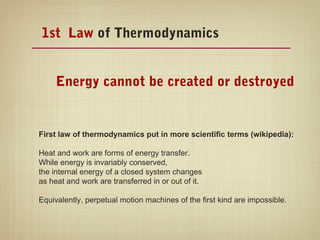 1st Law of Thermodynamics


     Energy cannot be created or destroyed


First law of thermodynamics put in more scientific terms (wikipedia):

Heat and work are forms of energy transfer.
While energy is invariably conserved,
the internal energy of a closed system changes
as heat and work are transferred in or out of it.

Equivalently, perpetual motion machines of the first kind are impossible.
 