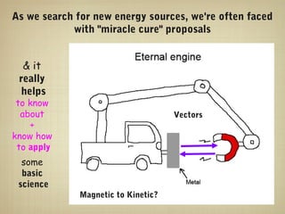 As we search for new energy sources, we're often faced
            with "miracle cure" proposals


  & it
 really
  helps
 to know
  about                              Vectors
    +
know how
 to apply
  some
  basic
 science
              Magnetic to Kinetic?
 