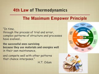 4th Law of Thermodynamics
               The Maximum Empower Principle

“In time,
through the process of trial and error,
complex patterns of structure and processes
have evolved...
the successful ones surviving
because they use materials and energies well
in their own maintenance,
and compete well with other patterns
that chance interposes.”
                          H.T. Odum
 