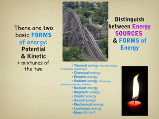 Distinguish
There are two                                        between Energy
basic FORMS                                            SOURCES
 of energy:                                           & FORMS of
  Potential                                              Energy
  & Kinetic
 + mixtures of             • Thermal energy, thermal energy
    the two      in transit is called heat
                           • Chemical energy
                           • Electric energy
                           • Radiant energy, the energy
                 of electromagnetic radiation
                           • Nuclear energy
                           • Magnetic energy
                           • Elastic energy
                           • Sound energy
                           • Mechanical energy
                           • Luminous energy
                           • Mass (E=mc²)
 