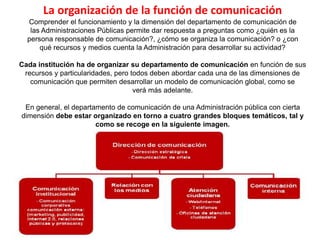La organización de la función de comunicación
Comprender el funcionamiento y la dimensión del departamento de comunicación de
las Administraciones Públicas permite dar respuesta a preguntas como ¿quién es la
persona responsable de comunicación?, ¿cómo se organiza la comunicación? o ¿con
qué recursos y medios cuenta la Administración para desarrollar su actividad?
Cada institución ha de organizar su departamento de comunicación en función de sus
recursos y particularidades, pero todos deben abordar cada una de las dimensiones de
comunicación que permiten desarrollar un modelo de comunicación global, como se
verá más adelante.
En general, el departamento de comunicación de una Administración pública con cierta
dimensión debe estar organizado en torno a cuatro grandes bloques temáticos, tal y
como se recoge en la siguiente imagen.
 