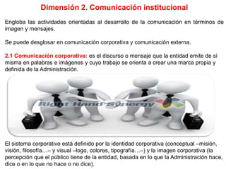Dimensión 2. Comunicación institucional
Engloba las actividades orientadas al desarrollo de la comunicación en términos de
imagen y mensajes.
Se puede desglosar en comunicación corporativa y comunicación externa.
2.1 Comunicación corporativa: es el discurso o mensaje que la entidad emite de sí
misma en palabras e imágenes y cuyo trabajo se orienta a crear una marca propia y
definida de la Administración.
El sistema corporativo está definido por la identidad corporativa (conceptual –misión,
visión, filosofía…– y visual –logo, colores, tipografía…–) y la imagen corporativa (la
percepción que el público tiene de la entidad, basada en lo que la Administración hace,
dice o en lo que no hace o no dice).
 