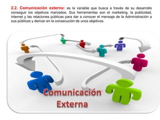 2.2. Comunicación externa: es la variable que busca a través de su desarrollo
conseguir los objetivos marcados. Sus herramientas son el marketing, la publicidad,
internet y las relaciones públicas para dar a conocer el mensaje de la Administración a
sus públicos y derivar en la consecución de unos objetivos.
 