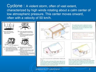 Cyclone : A violent storm, often of vast extent,
characterized by high winds rotating about a calm center of
low atmospheric pressure. This center moves onward,
often with a velocity of 50 km/h.




                    prepared by CT.Lakshmanan             2
 