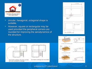  circular, hexagonal, octagonal shape is
  suitable.
 However, square or rectangular may be
  used provided the peripheral corners are
  rounded for improving the aerodynamics of
  the structure.




                           prepared by CT.Lakshmanan   5
 