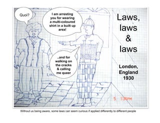 Quoi?                    I am arresting
                        you for wearing
                       a multi-coloured
                                                                             Laws,
                       shirt in a built up
                              area!                                           laws
                                                                                &
                                                                              laws
                             ..and for
                            walking on
                            the cracks
                             & calling
                                                                               London,
                             me queer                                          England
                                                                                1930




Without us being aware, some laws can seem curious if applied differently to different people
 
