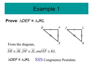Example 1
Prove: ∆DEF ∆≅ JKL
From the diagram,
.,, KLEFandJLDFJKDE ≅≅≅
SSS Congruence Postulate.∆DEF ∆≅ JKL
 