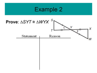 Example 2
Prove: ∆SYT ∆≅ WYX
 