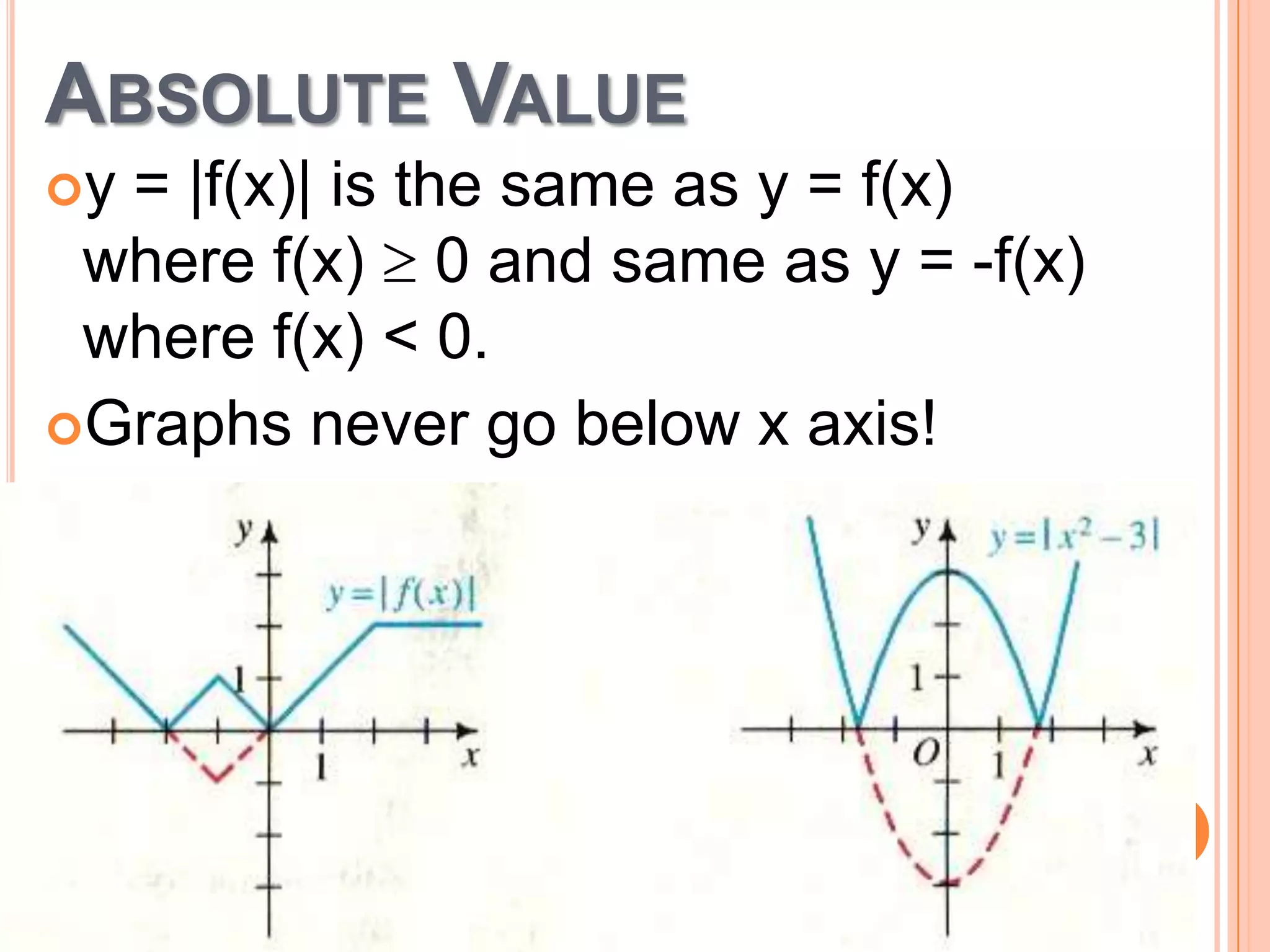 ABSOLUTE VALUE
y

= |f(x)| is the same as y = f(x)
where f(x) 0 and same as y = -f(x)
where f(x) < 0.
Graphs never go below x axis!

 